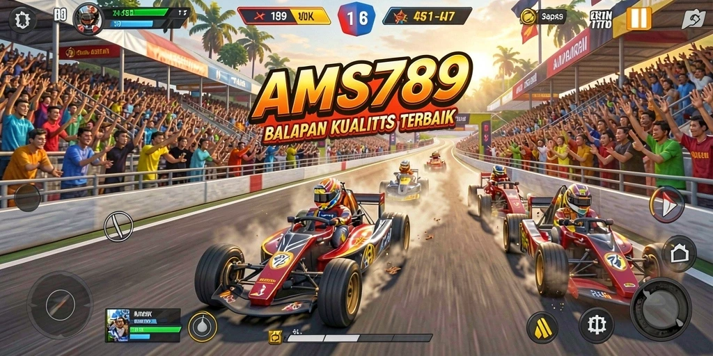 Screenshot gameplay AMS789 menampilkan mobil balap meluncur cepat di trek.