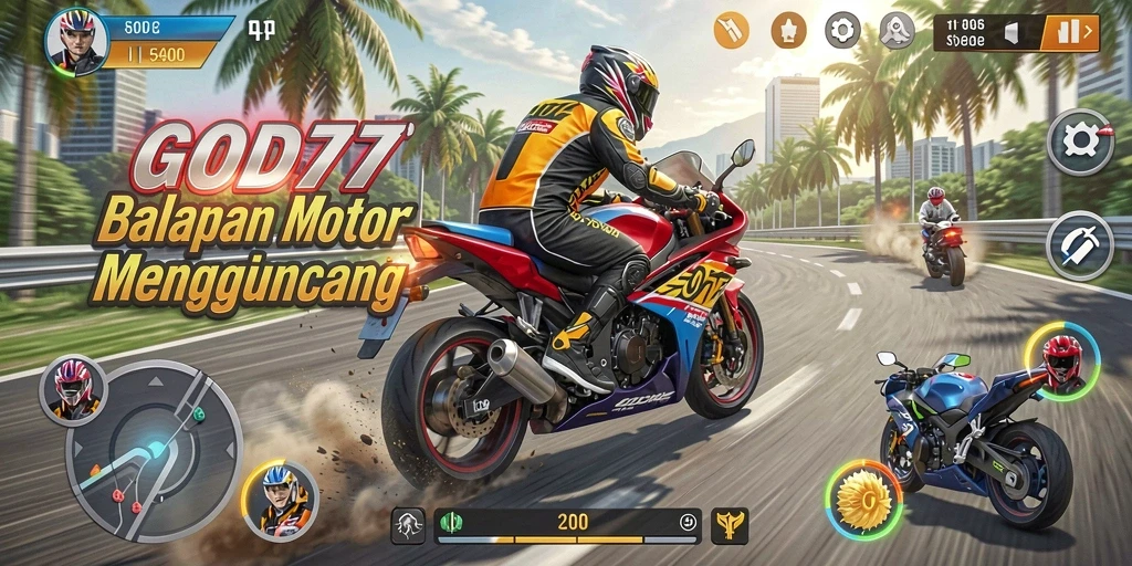 Screenshot menampilkan aksi balapan motor yang mendebarkan dalam GOD77.