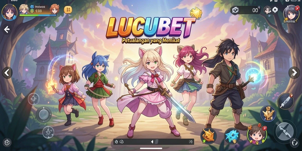 Tampilan gameplay LUCUBET yang penuh warna dan karakter anime yang menarik.
