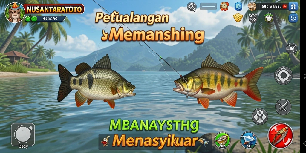 Gameplay NUSANTARATOTO menampilkan aksi menarik saat memancing ikan di lautan.