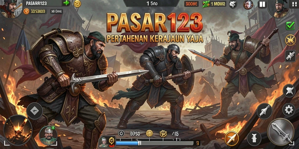 Screenshot utama PASAR123 menampilkan aksi menara yang berjuang melawan musuh.