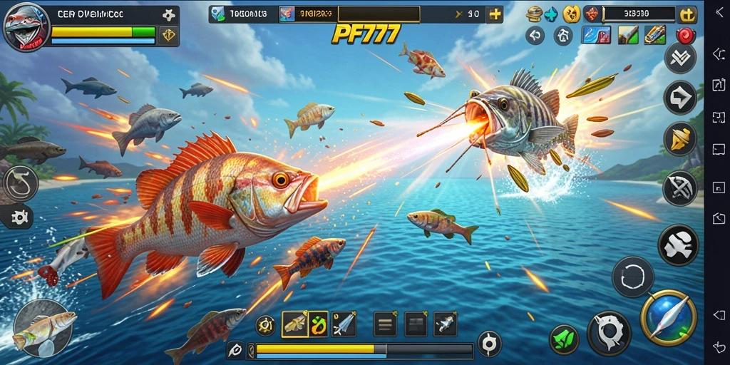 Tampilan gameplay seru dalam PF777 dengan aksi Tembak Ikan.