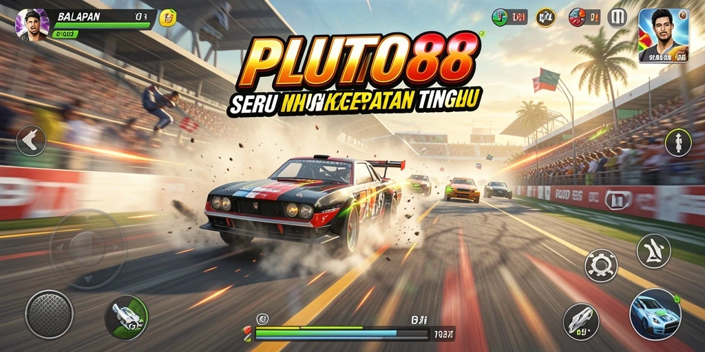 Tampilan gameplay Racing dalam PLUTO88 dengan mobil bersaing di lintasan.