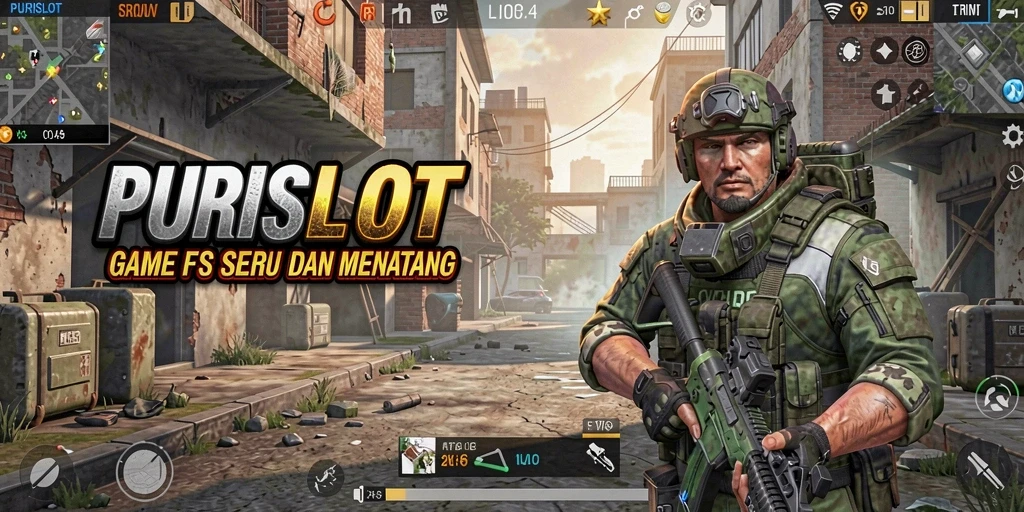 Screenshot utama menunjukkan aksi menembak yang mendebarkan dalam PURISLOT.