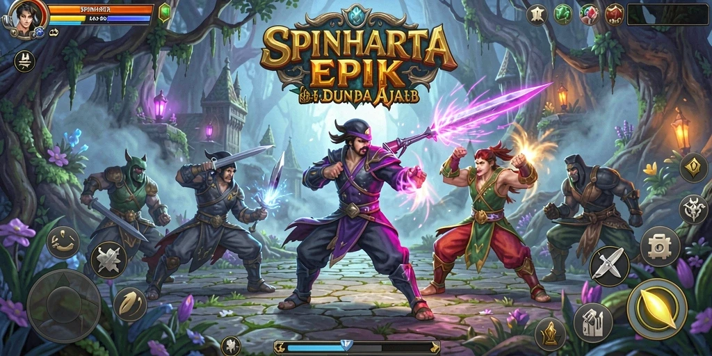 Tampilan gameplay SPINHARTA menampilkan pertarungan yang intens dan seru.