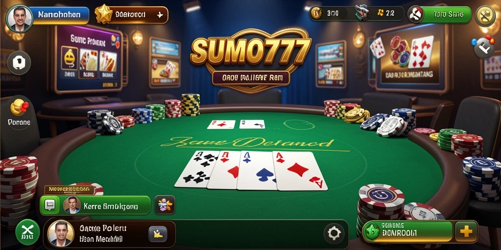 Screenshot gameplay SUMO777 menunjukkan table poker yang penuh aksi.